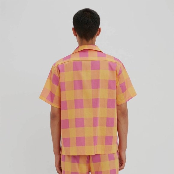 NEW Sz M Medium Les Girls Les Boys Giant Gingham Orange Pink Print Pajama Shirt - Picture 3 of 8
